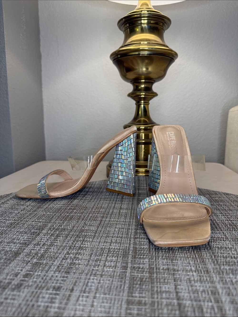Cape Robbin Nude Block Heel Sandals with Iridescent Bead Detail